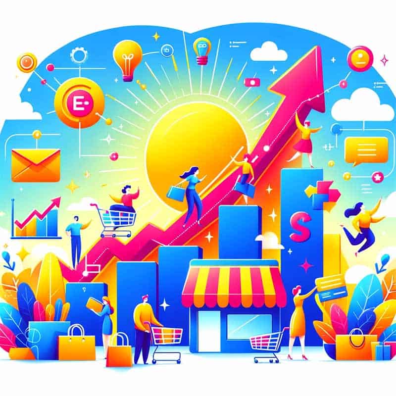"Illustration of a flourishing online marketplace with rising sales graphs, depicting happy customers engaging in online shopping. The image conveys a sense of growth and success in e-commerce, achieved through effective Semantic SEO strategies, highlighting a vibrant digital environment with a thriving online store.